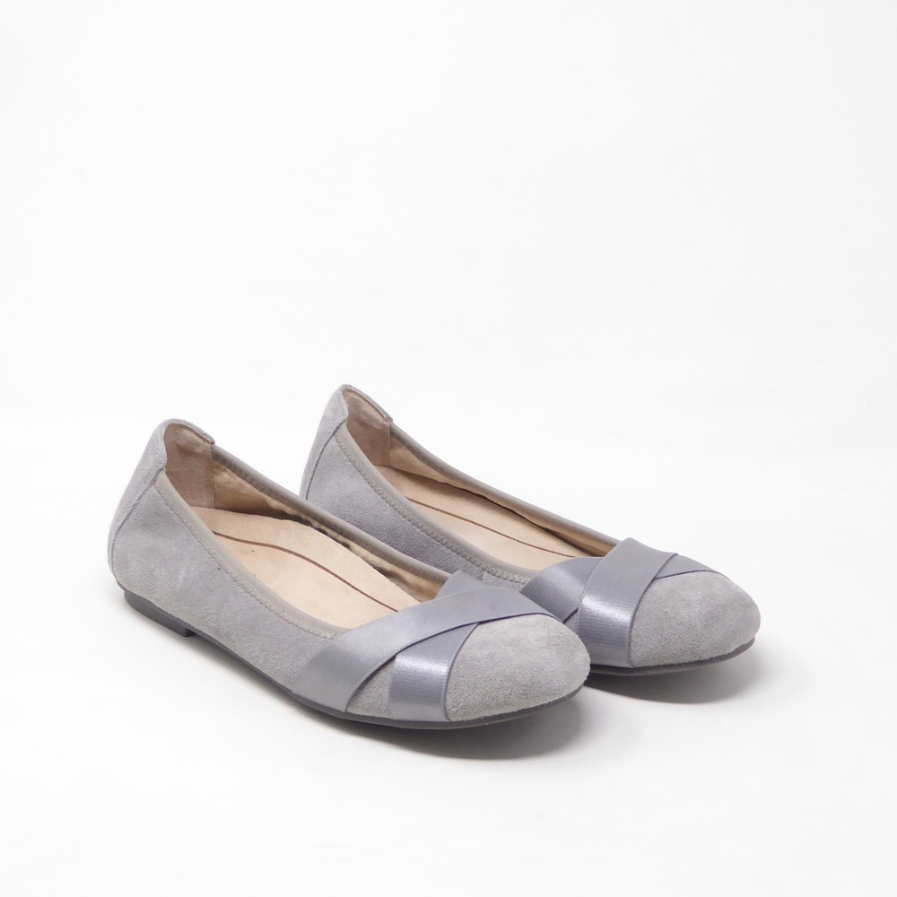Vionic Womens Maria Flats Grey Suede Ribbon Crisscross 6.5